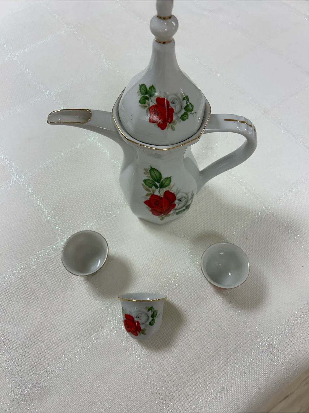 Porcelain Rose Accent Coffee/Tea Pot and Cups - White with Red Floral